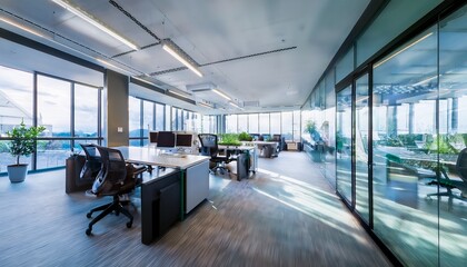 Fototapeta premium blurred office interior featuring desks computers and sleek glass partitions in a brightly lit modern workspace emphasizing an organized layout suitable for collaborative business activities