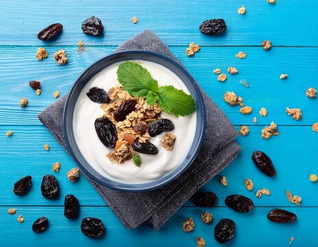 creamy yogurt with prunes and granola on blue wooden table top view garnished with mint leaves and scattered dried fruit for text space
