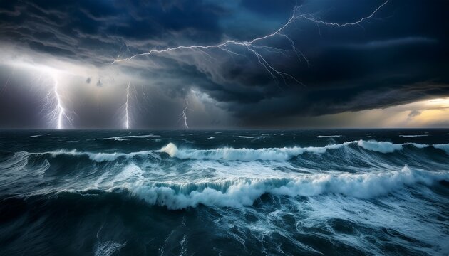 tempestuous ocean s fury a dramatic display of nature s raw power as a tempestuous ocean surges under a stormy sky illuminated by a flash of lightning