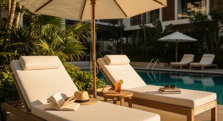 Fototapeta premium Relaxing Poolside Lounge Chairs With Tropical Plants And Refreshing Drink