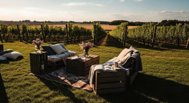 Relaxing Seating Area Amongst Scenic Vineyard Rows