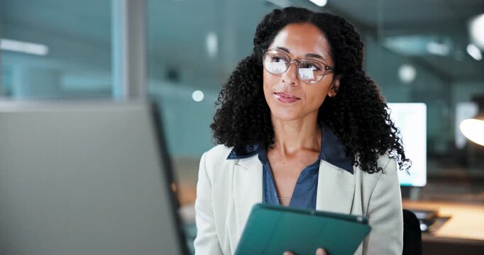 Business, woman and glasses in office with tablet, research and finance report for bookkeeping. Female person, eyewear and review in workplace with tech, financial audit and data entry for investment