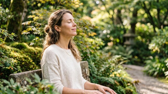 A woman finds serene tranquility meditating in a lush, sun-dappled garden, her eyes closed in peaceful contemplation surrounded by vibrant green foliage.