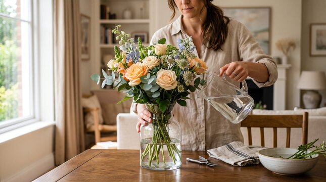 A woman arranges a beautiful bouquet of fresh flowers in a vase on a wooden table, creating a sense of tranquility and domestic bliss within her home.