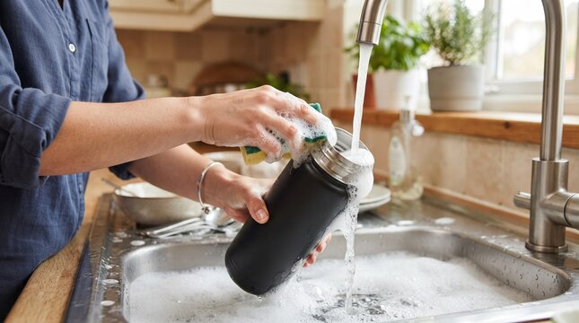 A person meticulously washes a reusable water bottle in a kitchen sink, highlighting sustainable daily habits and hygiene.