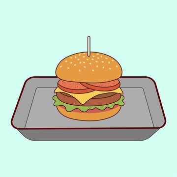 Fast food burger with cheese tomato patty and toothpick vector illustration