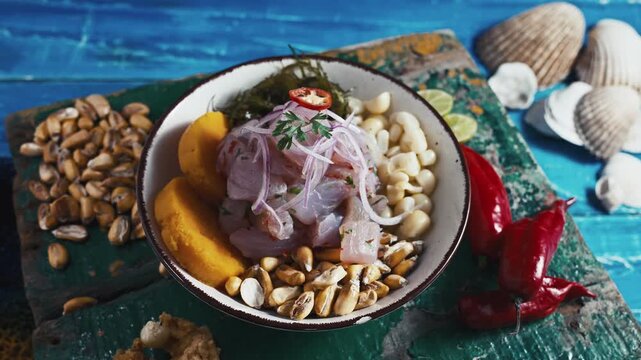 Close up of a traditional Peruvian ceviche 