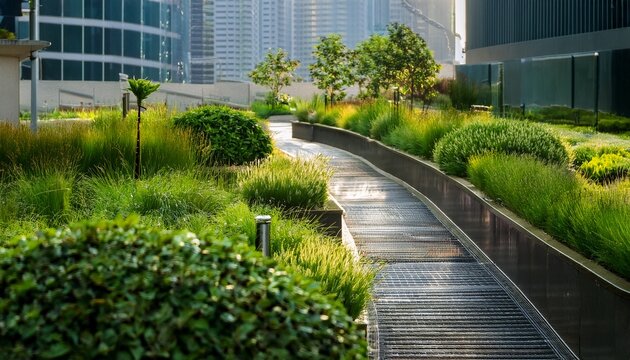 lush green rain gardens and permeable walkways create a sustainable urban design enhancing the cityscape and promoting ecological balance in the area