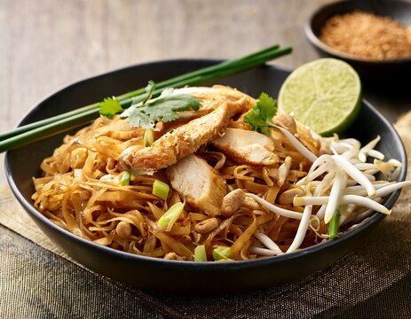 pad thai noodles with chicken and bean sprouts