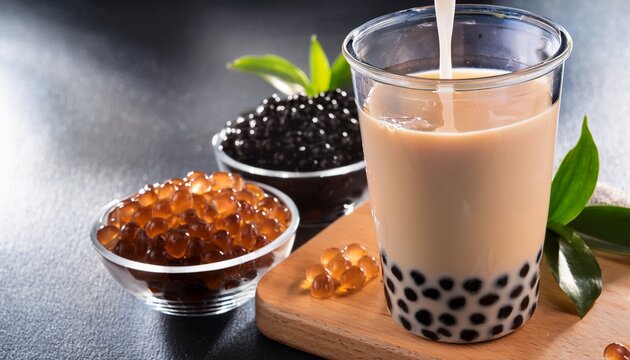 making milk bubble tea with tapioca pearls