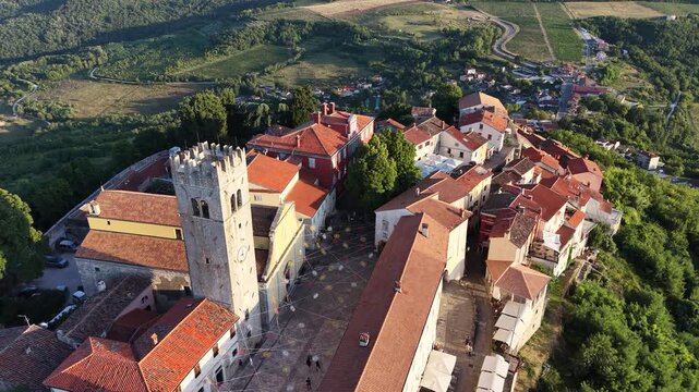 Drone shot of main town square (Trg) in Motovun, Istria, Croatia