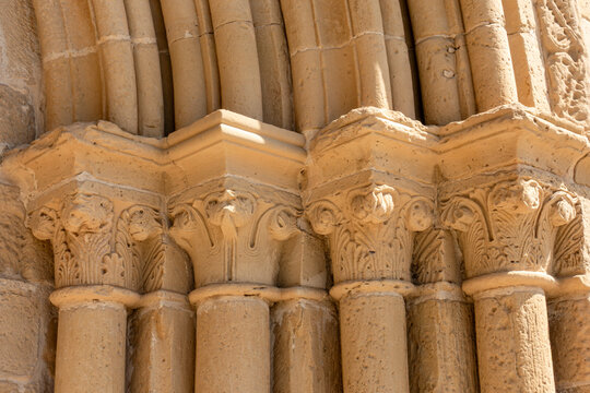 Sculpted Romanesque capitals on the portal of the Hermitage of Santa Maria la Antigua, 12th century, Banares, La Rioja, Spain