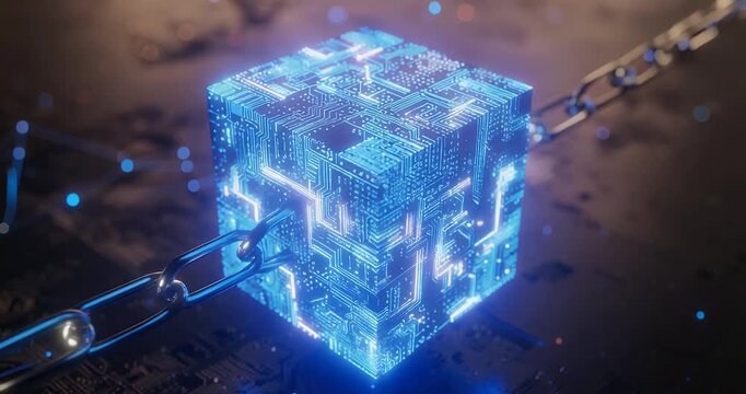 A glowing blue digital cube connected by a chain, representing blockchain technology and data security.