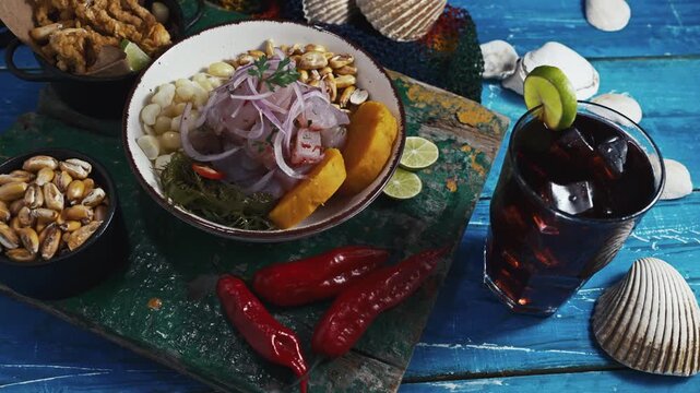 Peruvian ceviche served with chicha morada 
