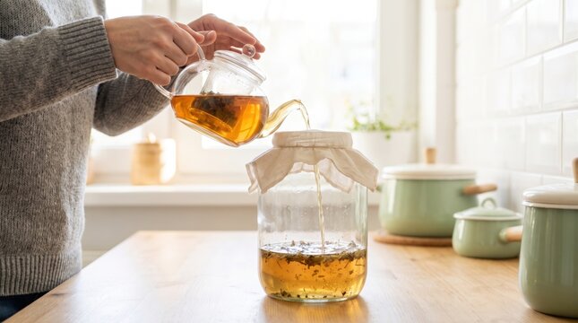 Person pouring brewed tea from a glass teapot through a cloth filter into a large jar
