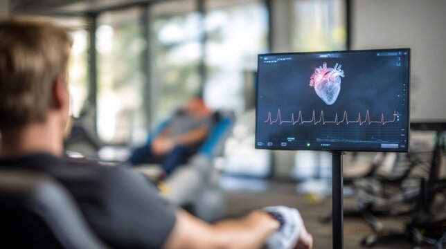 Focused image of heart rate display screen with seated user slightly out of focus capturing serene environment of biofeedback station.