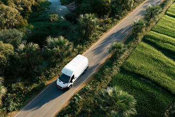 Obraz premium An aerial view of a white delivery van driving on a scenic asphalt road through tropical trees and green fields. Commercial transport vehicle in rural landscape