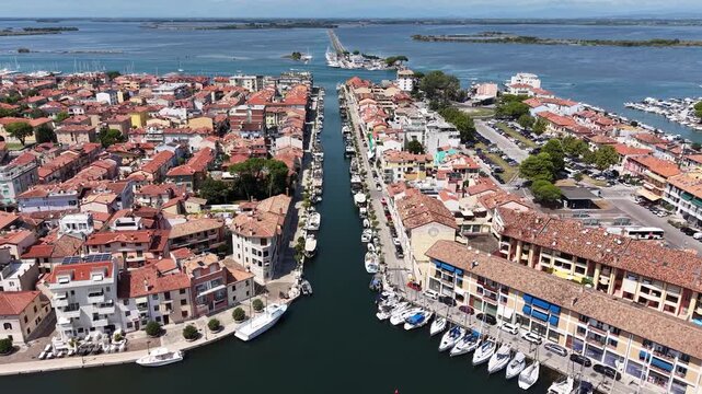 Aerial view of Canale Mandracchio harbor in Grado, Italy