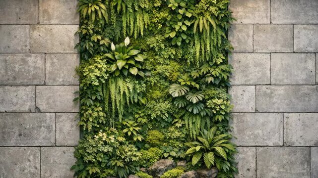 Vertical garden grows lush on stone wall. Ferns, palms, and ivy thrive together. Greenery contrasts with rough concrete texture. Natural, serene, and calming environment