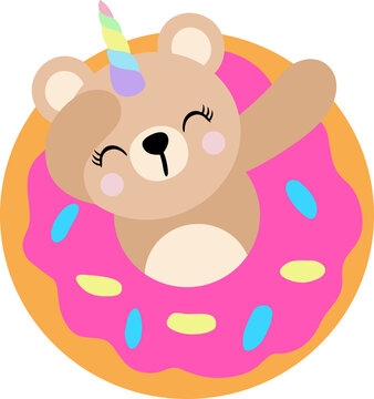 Cute Little Unicorn Bear Floating inside a Pink Doughnut Inflatable Pool Ring