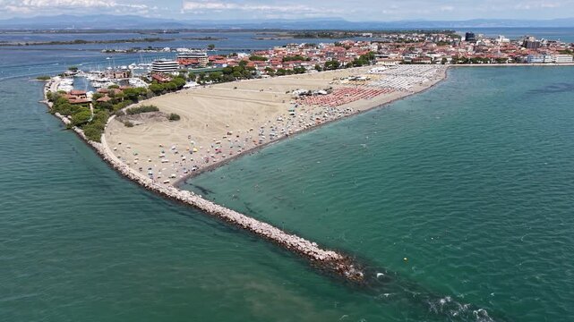 Aerial view of Spiaggia Costa Azzurra beach in Grado, Italy