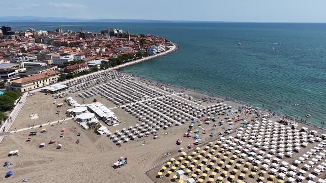 Bird's-eye view of Spiaggia Costa Azzurra sandy beach, Grado, Italy