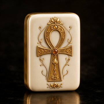 The ancient Egyptian ankh ornament made of luxurious gold and ivory is a symbol of spiritual, eternal life.