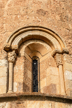 arch, archivolts, and carved capitals on the Church of San Lorenzo in Zorita del Paramo, Palencia, Castilla y Leon, Spain, late Romanesque architecture from the late 12th century