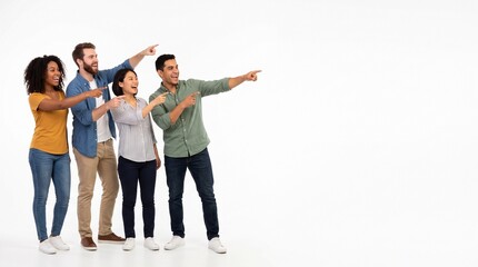 Fototapeta premium Diverse group of friends pointing and laughing together against a white background