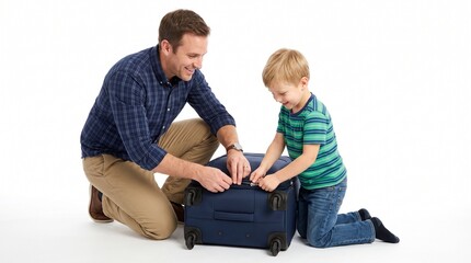 Fototapeta premium Father and son packing a suitcase for a trip together