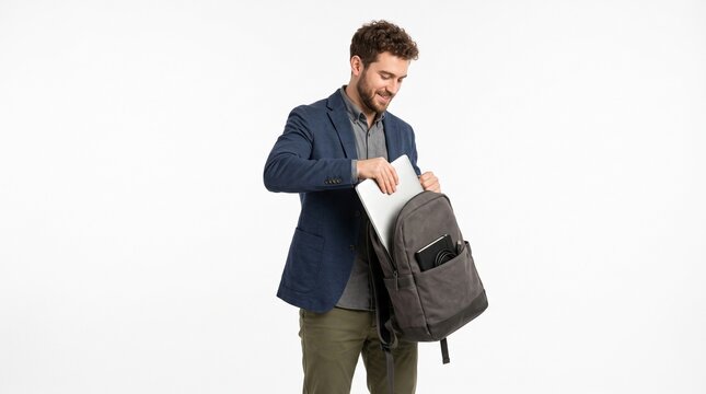 Man in blue blazer putting laptop into a grey backpack on white background