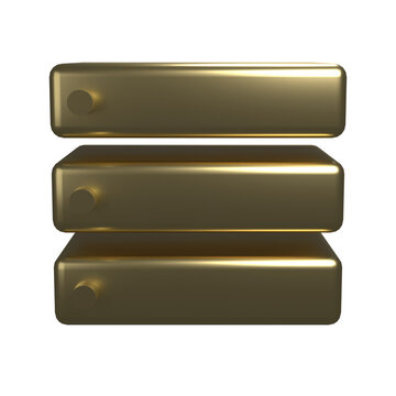Gold 3D server rack icon for data center, front view, isolated on white background