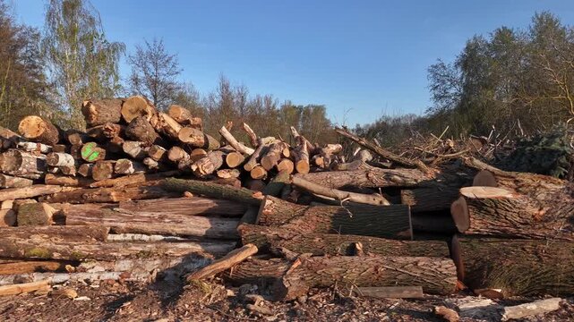 A large pile of cut timber logs rests stacked beside a paved road. The forestry supply of raw wood is stored outdoors