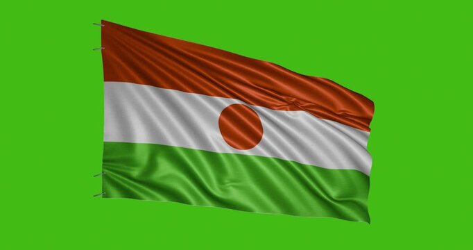 Niger flag waving in the wind against a solid green background