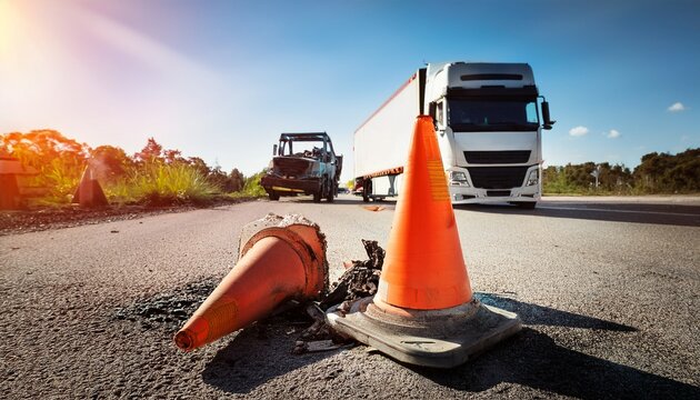 damaged traffic cone on road with semi truck accident in background for roadwork safety concepts