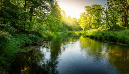 serene green forest river landscape sunlight peaceful tranquil nature scene summer day lush greenery calm water beautiful scenery idyllic © Robert