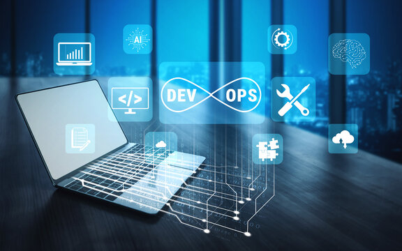 Modern DevOps Technology Concept with Laptop Surrounded by Tech Icons and Symbols Representing Continuous Integration, Automation, and Software Development Processes. Glyphic.