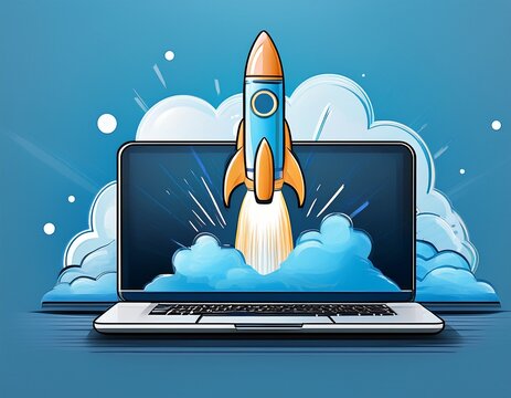 stunning blue startup concept with rocket launching from laptop symbolizing business growth and innovation for tech companies and digital marketing campaigns