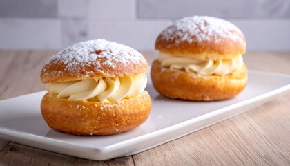 Fototapeta premium Cream filled doughnuts dusted with powdered sugar