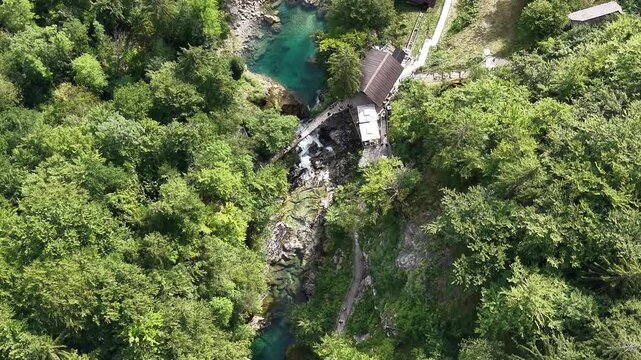 Drone view of Sum waterfall in Vintgar Gorge canyon, Slovenia
