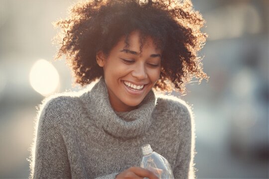 Smiling woman with an afro looks into recycling bag while holding a water bottle