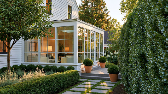 Modern farmhouse exterior with glass sunroom addition and manicured hedges, contemporary residential design, with copy space
