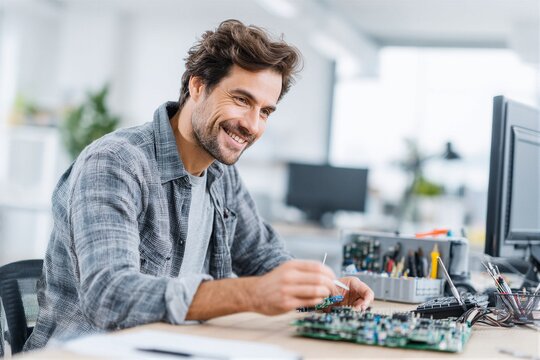 South Asian man works on circuit board at a bright workspace
