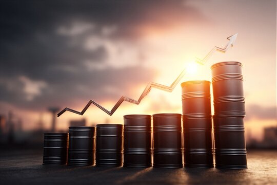 Stack of black oil barrels in industrial setting with sunset and growth graph
