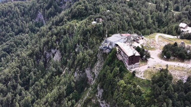 Flight over Vogel cable car upper station in Bohinj, Slovenia