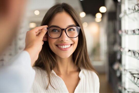 Young woman smiles in optician office while trying on eye examination glasses