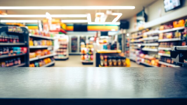 Convenience store interior with countertop and aisles in the background