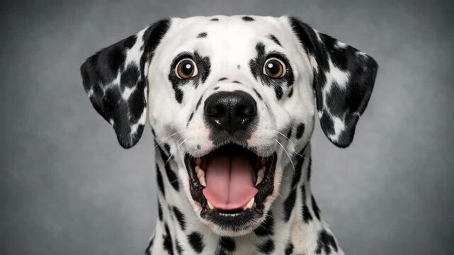 Dalmatian dog smiles wide-eyed, tongue out. Black and white spots cover its face and neck. Ears flop down gently beside its head. Soft gray background frames the dog's joyful expression