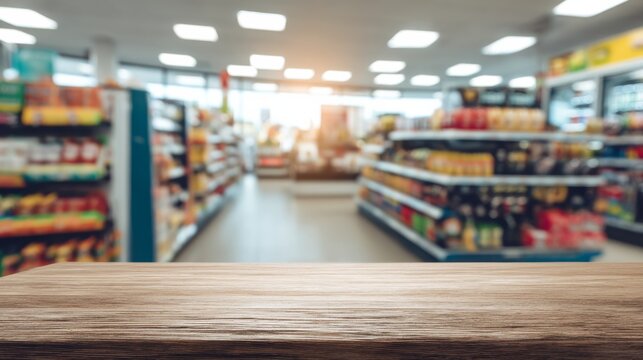 Countertop in convenience store with aisles and products in background in realistic setting