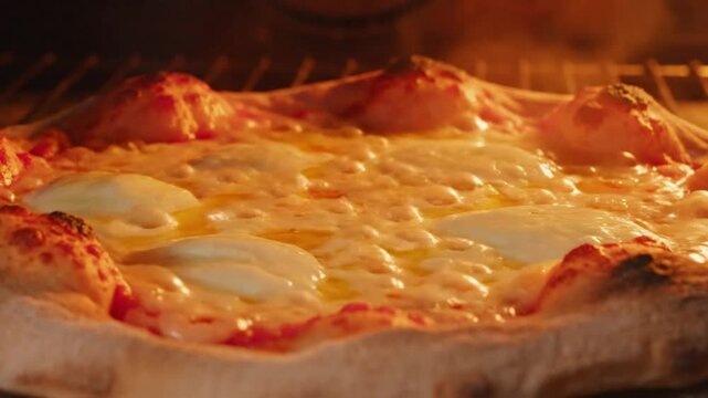 Delicious Pizza Baking in a Hot Oven with Bubbly Melted Cheese and Crispy Crust, Close-up Shot
